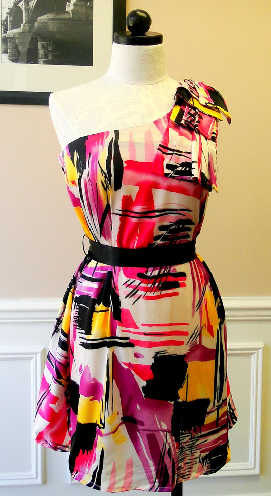 Women's One Shoulder Printed Belted Midi Dress Elegant Chic