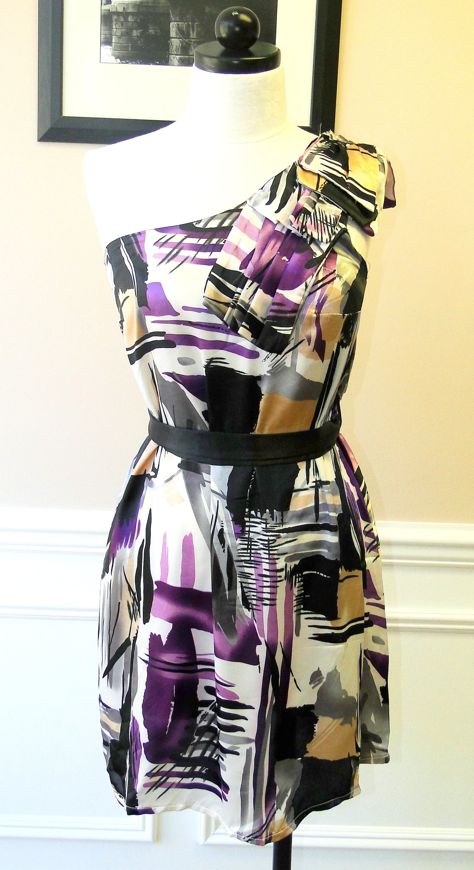 Women's One Shoulder Printed Belted Midi Dress Elegant Chic