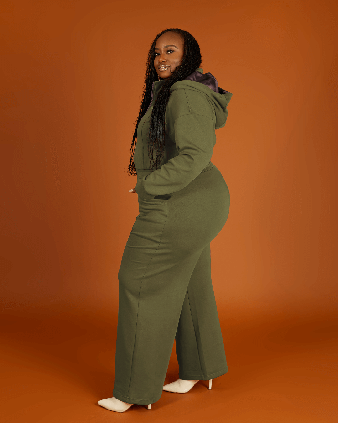Women Wide Leg Satin Lined Hooded Jumpsuit Green Cotton