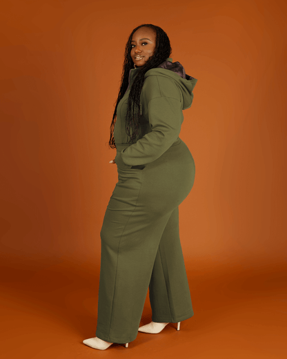 Women Wide Leg Satin Lined Hooded Jumpsuit Green Cotton