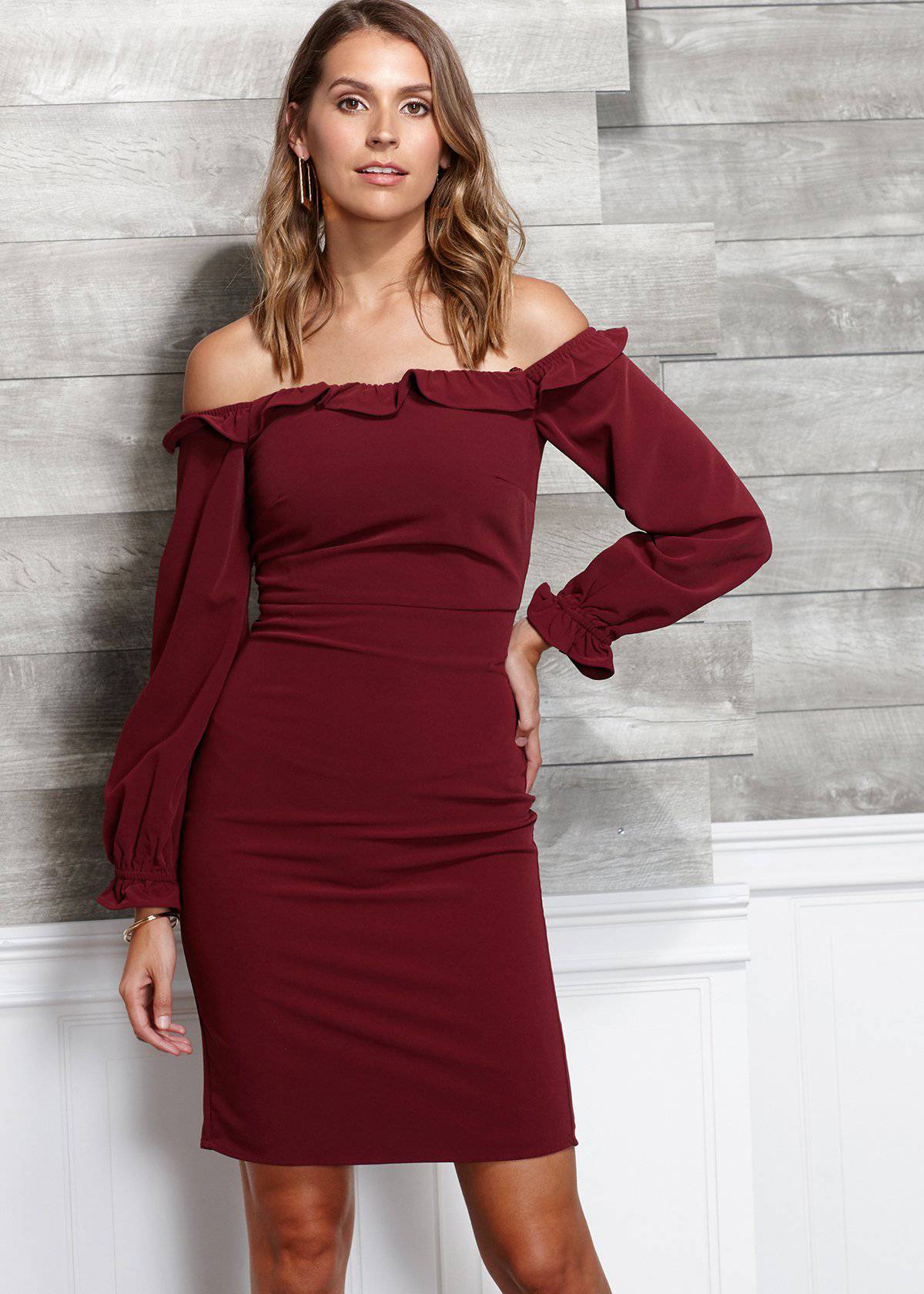 Women's Red Off Shoulder Bodycon Midi Dress Elegant Fit