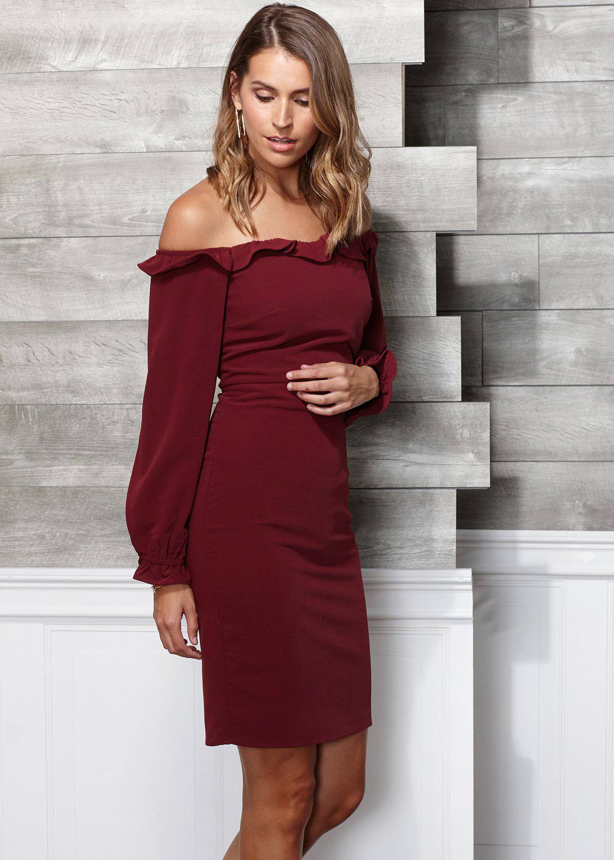 Women's Red Off Shoulder Bodycon Midi Dress Elegant Fit