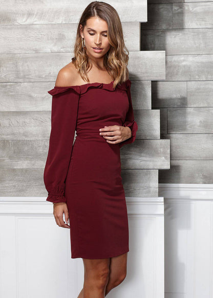 Women's Red Off Shoulder Bodycon Midi Dress Elegant Fit