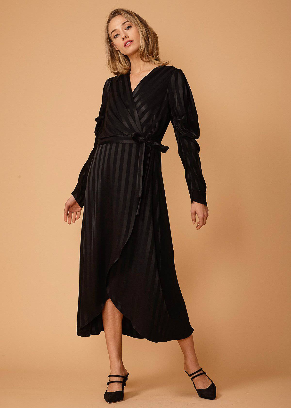 Black Stripe Puff Sleeve Wrap Waist Midi Dress for Women
