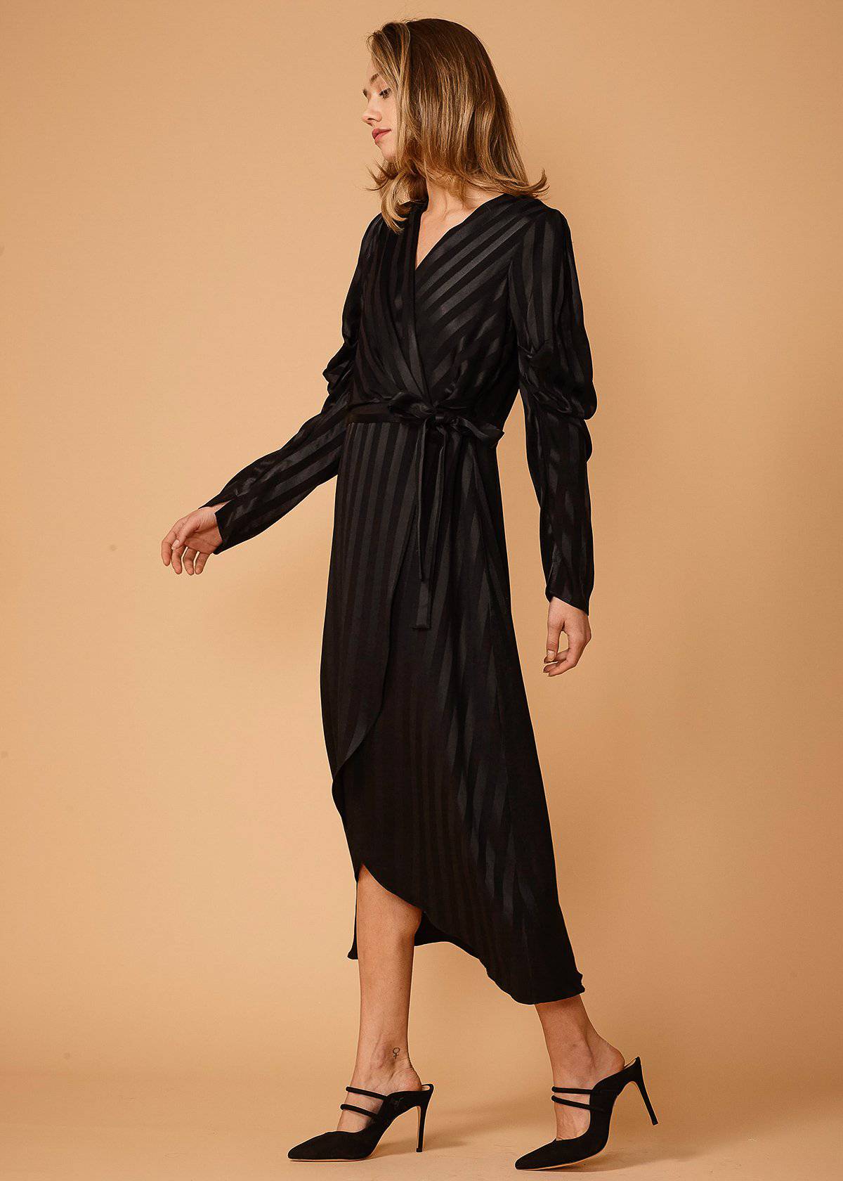Black Stripe Puff Sleeve Wrap Waist Midi Dress for Women