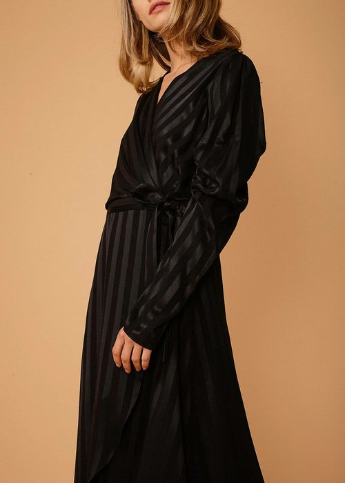 Black Stripe Puff Sleeve Wrap Waist Midi Dress for Women