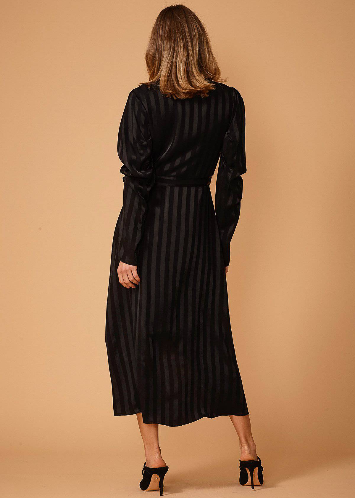 Black Stripe Puff Sleeve Wrap Waist Midi Dress for Women