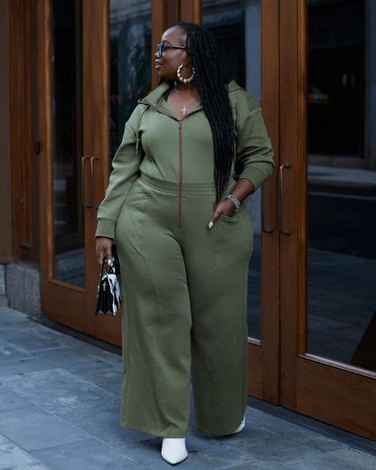 Women Wide Leg Satin Lined Hooded Jumpsuit Green Cotton