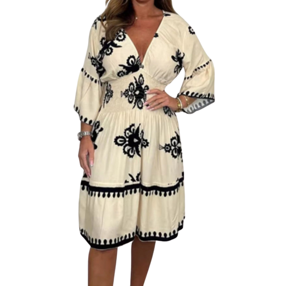 Women Elegant V Neck Printed Waist Tuck Three Quarter Dress
