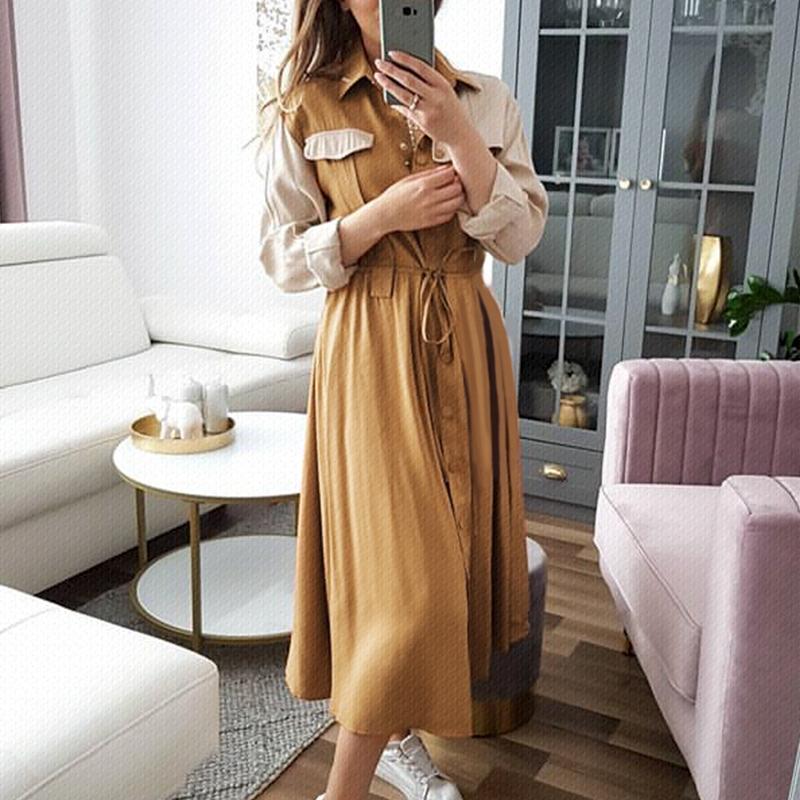 Khaki Long Sleeve Office Midi Dress Women Autumn Elegant