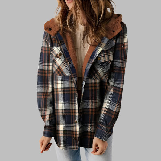 Women Plaid Hooded Casual Outerwear Long Sleeve Jacket Coat