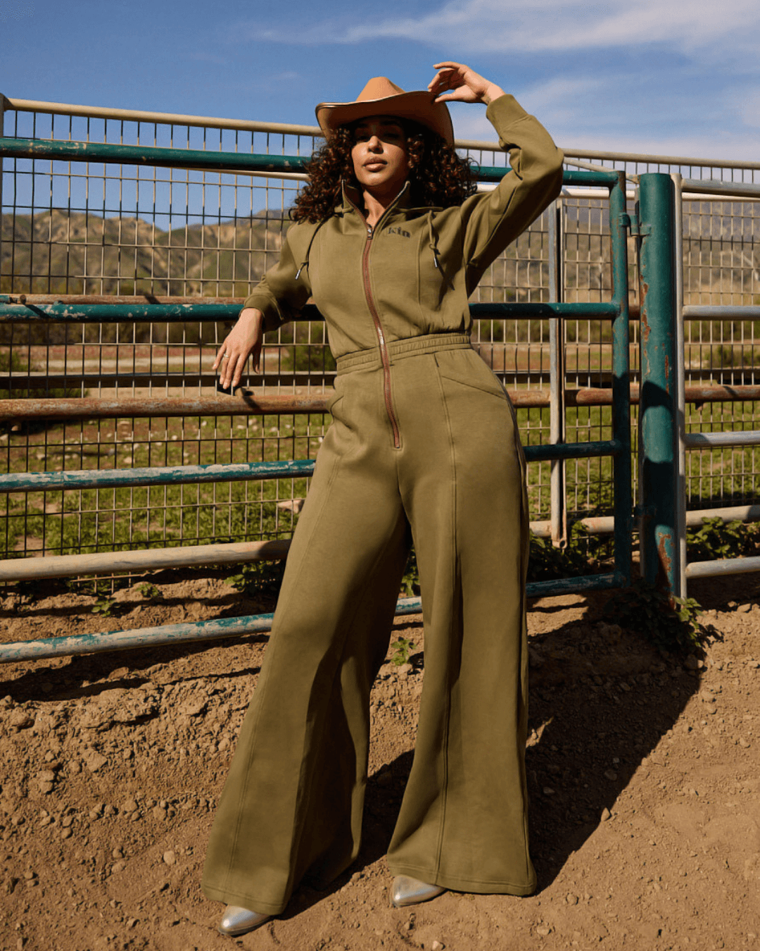 Women Wide Leg Satin Lined Hooded Jumpsuit Green Cotton