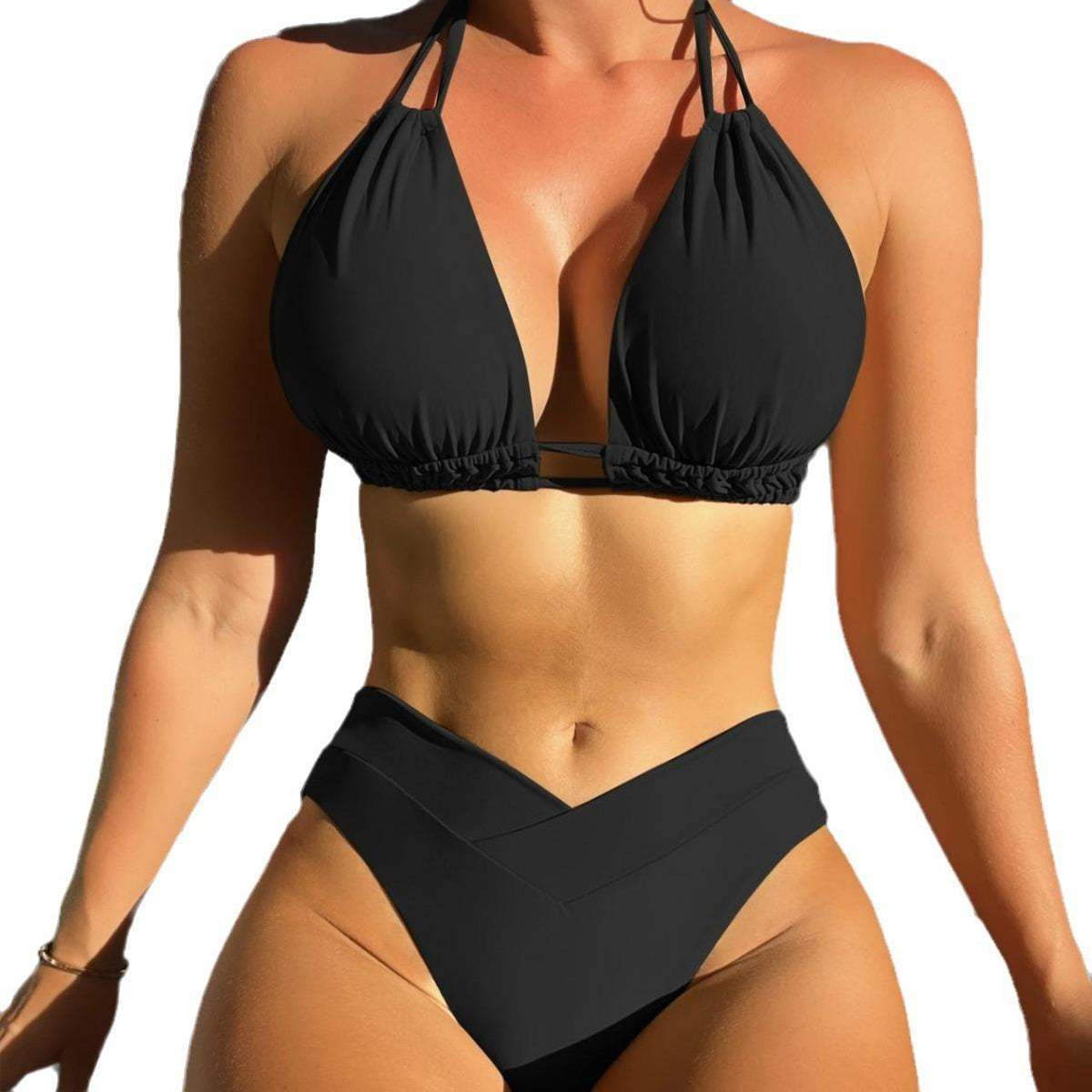 Women Halter Neck Two Piece Swimsuit Black Padded Set