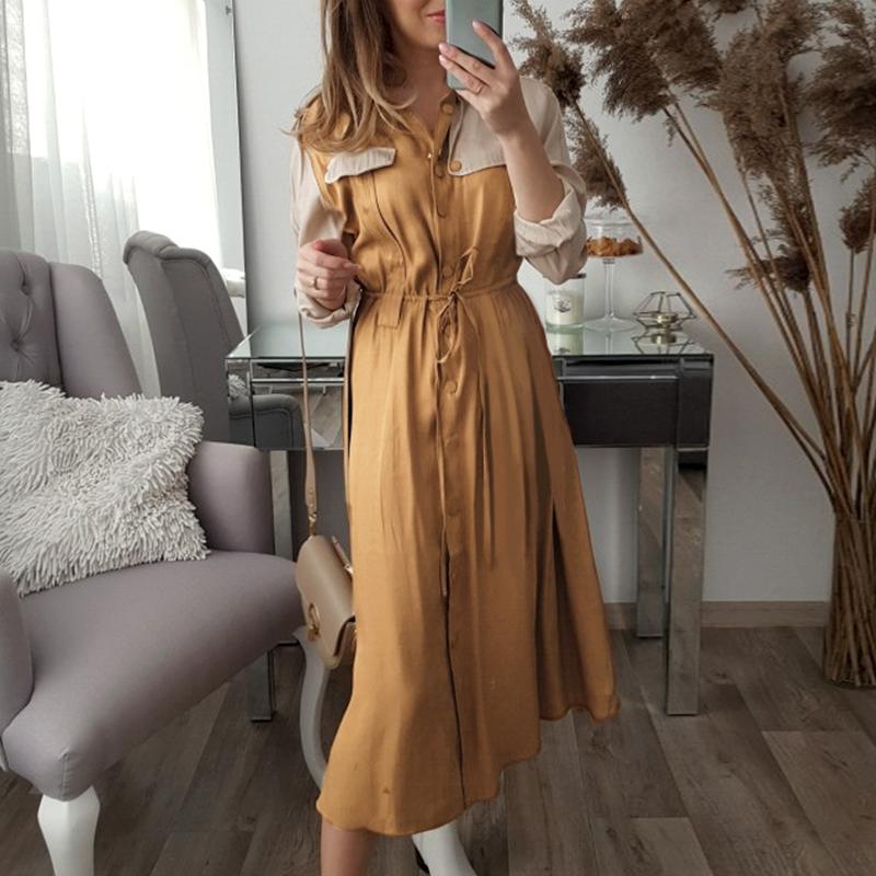 Khaki Long Sleeve Office Midi Dress Women Autumn Elegant