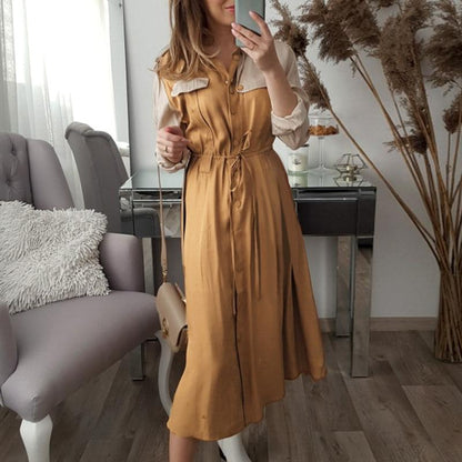 Khaki Long Sleeve Office Midi Dress Women Autumn Elegant