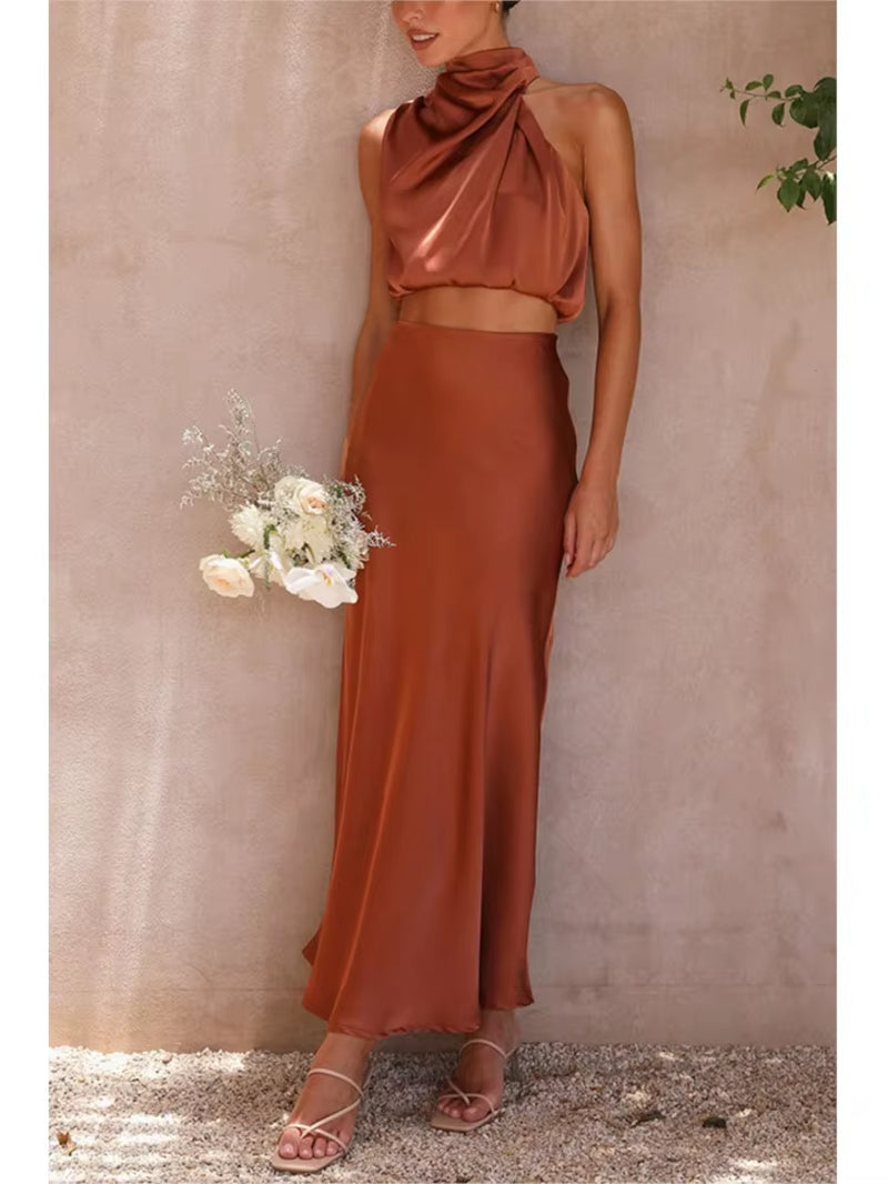 Women Two Piece Sleeveless Top Satin Long Skirt Matching Set