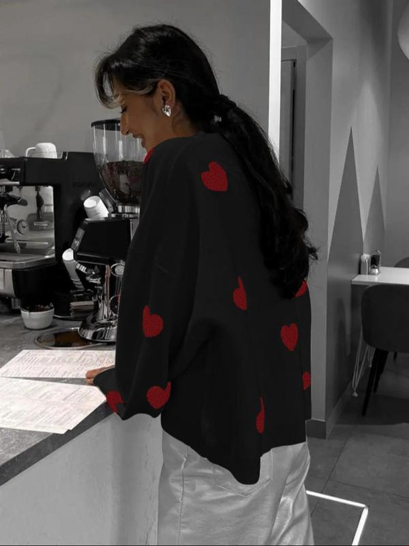 Women Printed Heart Pattern Crewneck Knitted Sweater