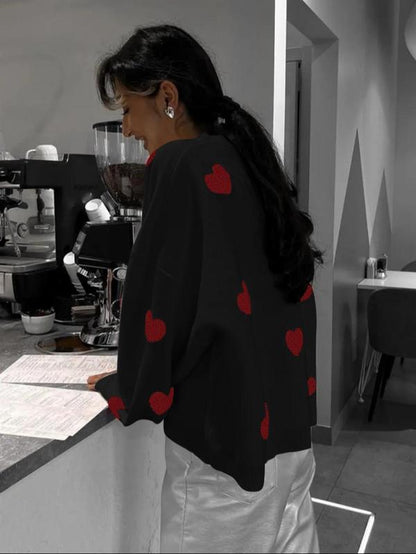 Women Printed Heart Pattern Crewneck Knitted Sweater
