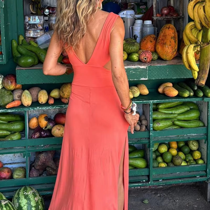 Women V Neck Cutout Side Slit Slim Fit Formal Midi Dress