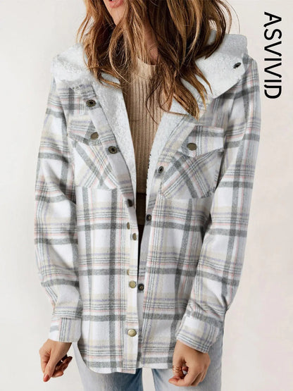 Women Plaid Hooded Casual Outerwear Long Sleeve Jacket Coat