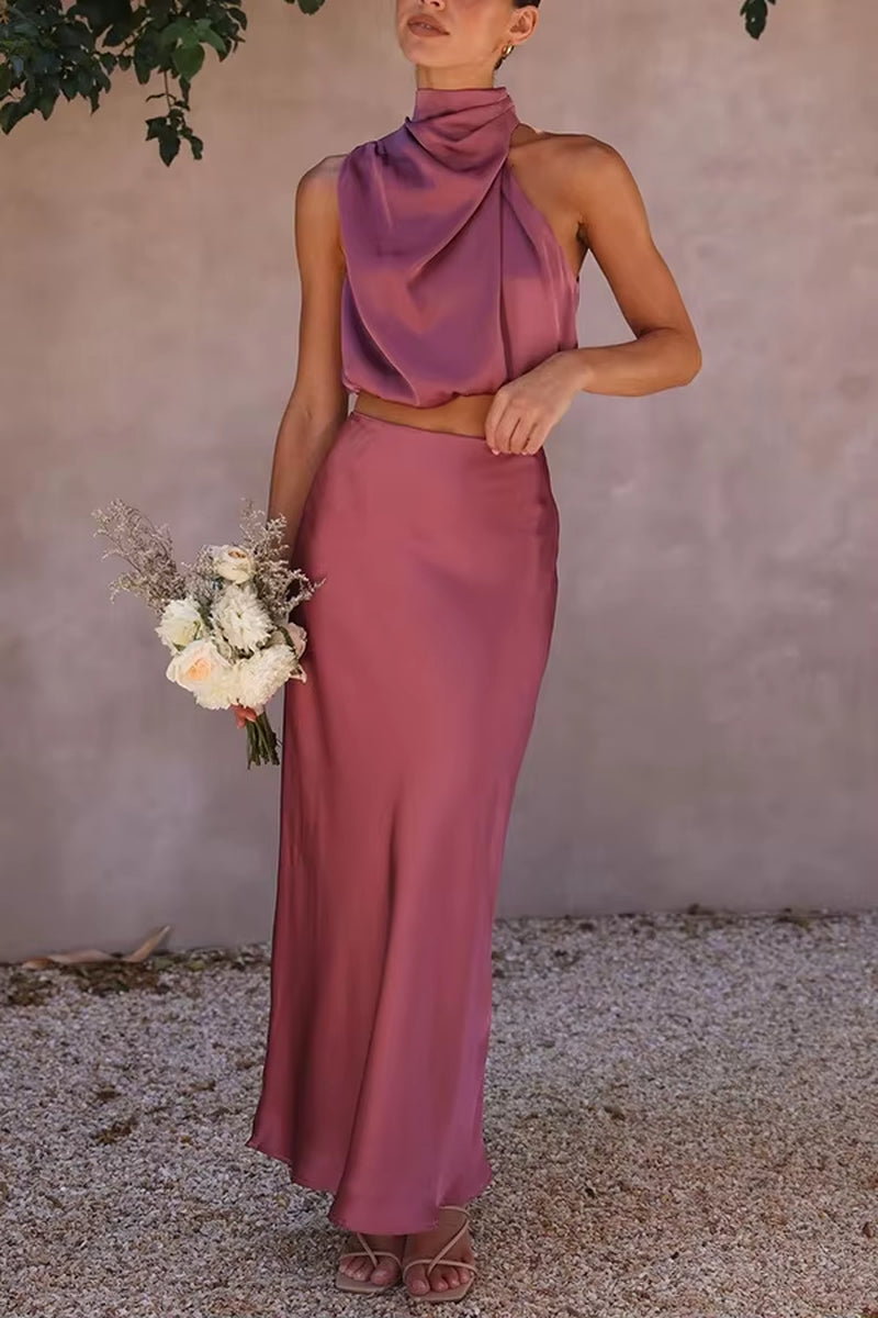 Women Two Piece Sleeveless Top Satin Long Skirt Matching Set