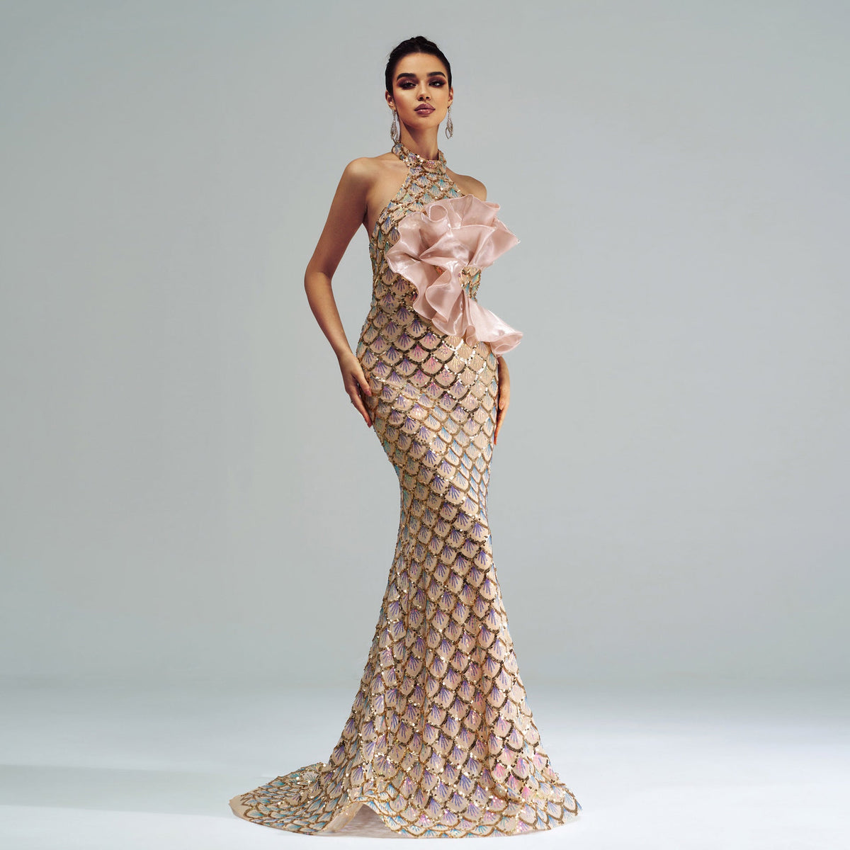 Champagne Halter Mermaid Sequin Evening Gown for Women