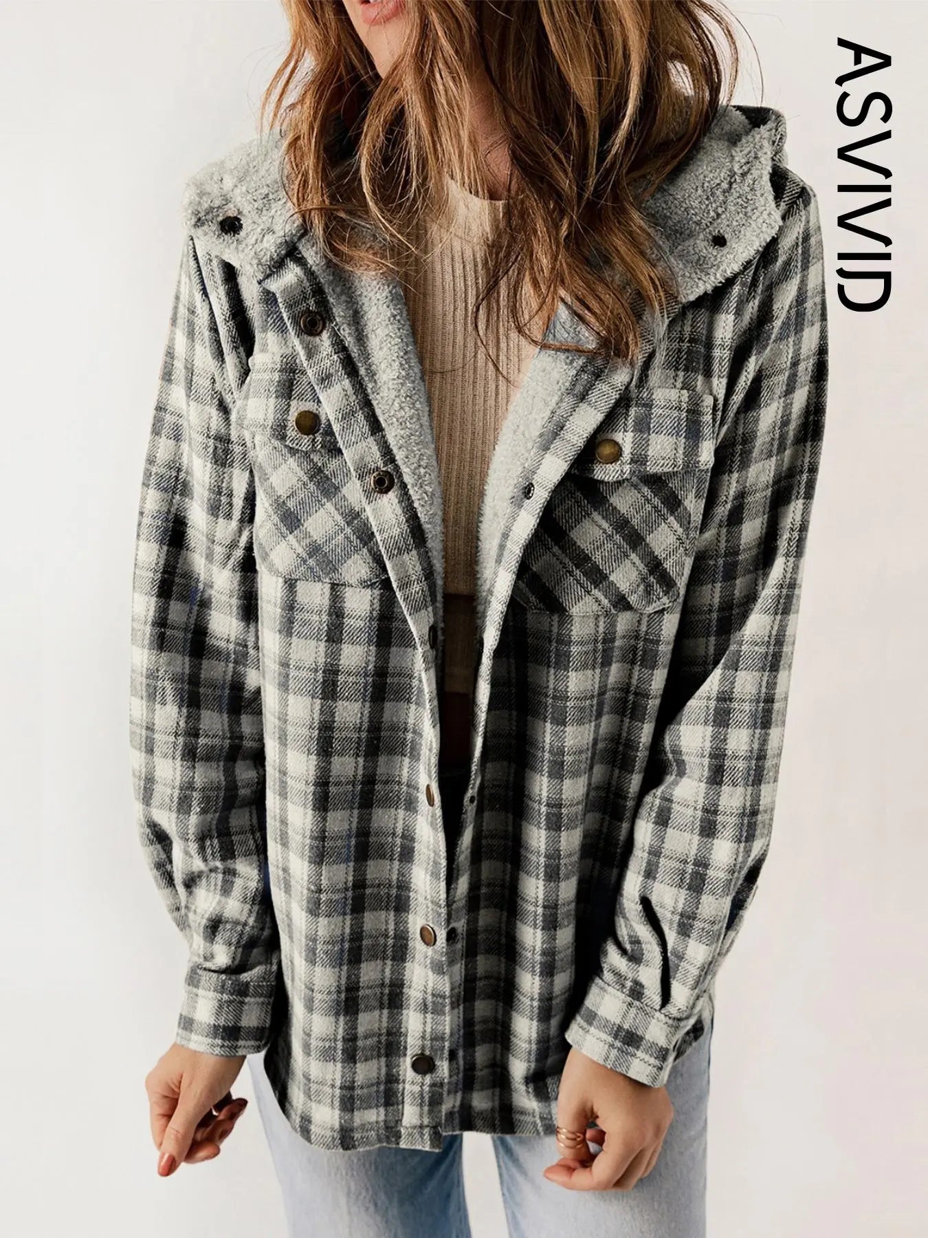 Women Plaid Hooded Casual Outerwear Long Sleeve Jacket Coat