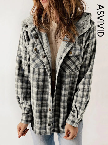Women Plaid Hooded Casual Outerwear Long Sleeve Jacket Coat
