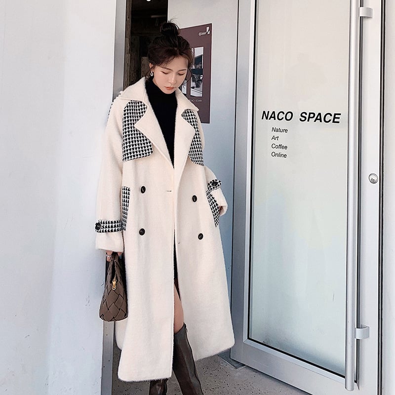Women's Mid-Length Woolen Coat with Stitching Design