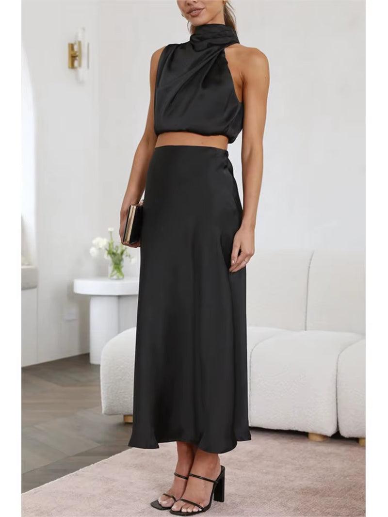 Women Two Piece Sleeveless Top Satin Long Skirt Matching Set