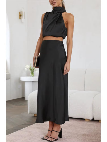 Women Two Piece Sleeveless Top Satin Long Skirt Matching Set