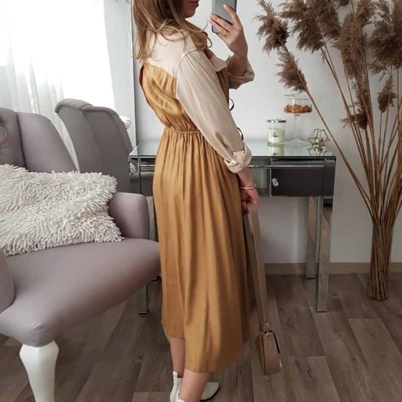 Khaki Long Sleeve Office Midi Dress Women Autumn Elegant