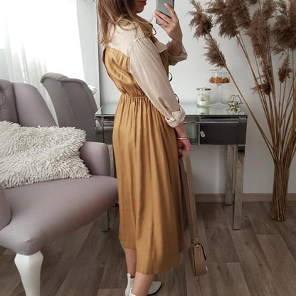 Khaki Long Sleeve Office Midi Dress Women Autumn Elegant