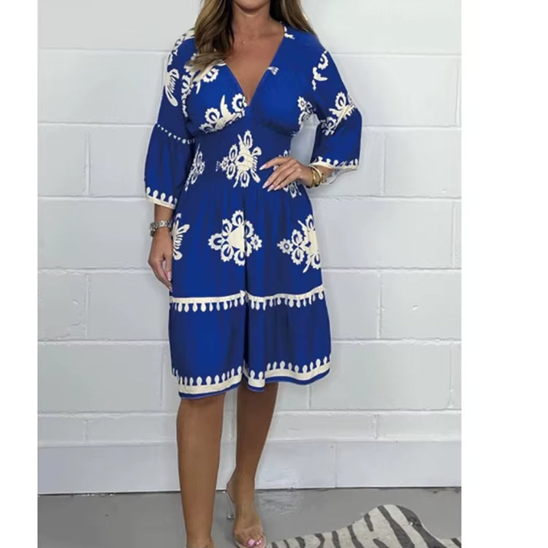 Women Elegant V Neck Printed Waist Tuck Three Quarter Dress