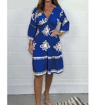 Women Elegant V Neck Printed Waist Tuck Three Quarter Dress