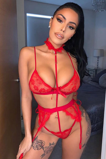 Lace Bralette Garter Belt G-String 3 Piece Lingerie Set
