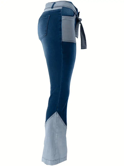Women's High-Waist Color Block Flared Jeans with Pockets