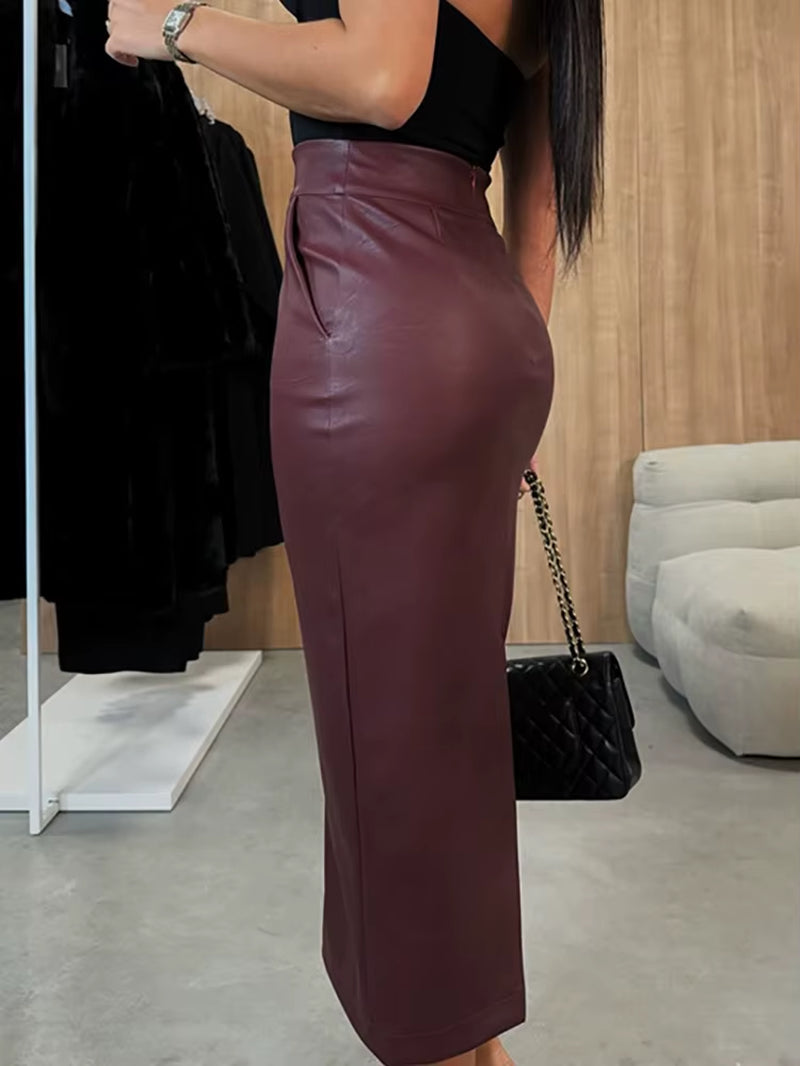 Women Leather Patchwork High Waist A Line Maxi Skirt
