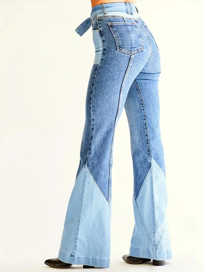 Women's High-Waist Color Block Flared Jeans with Pockets