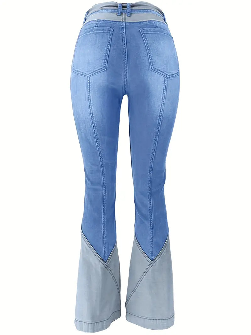 Women's High-Waist Color Block Flared Jeans with Pockets