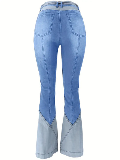 Women's High-Waist Color Block Flared Jeans with Pockets