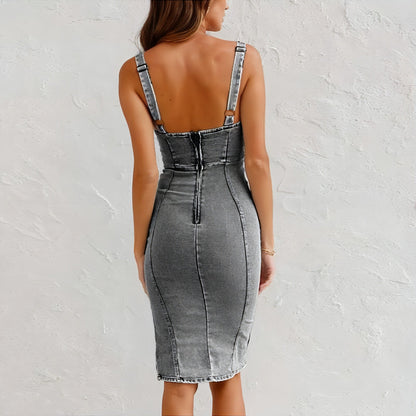 Women's U-Neck Suspender Denim Midi Dress with Side Slit
