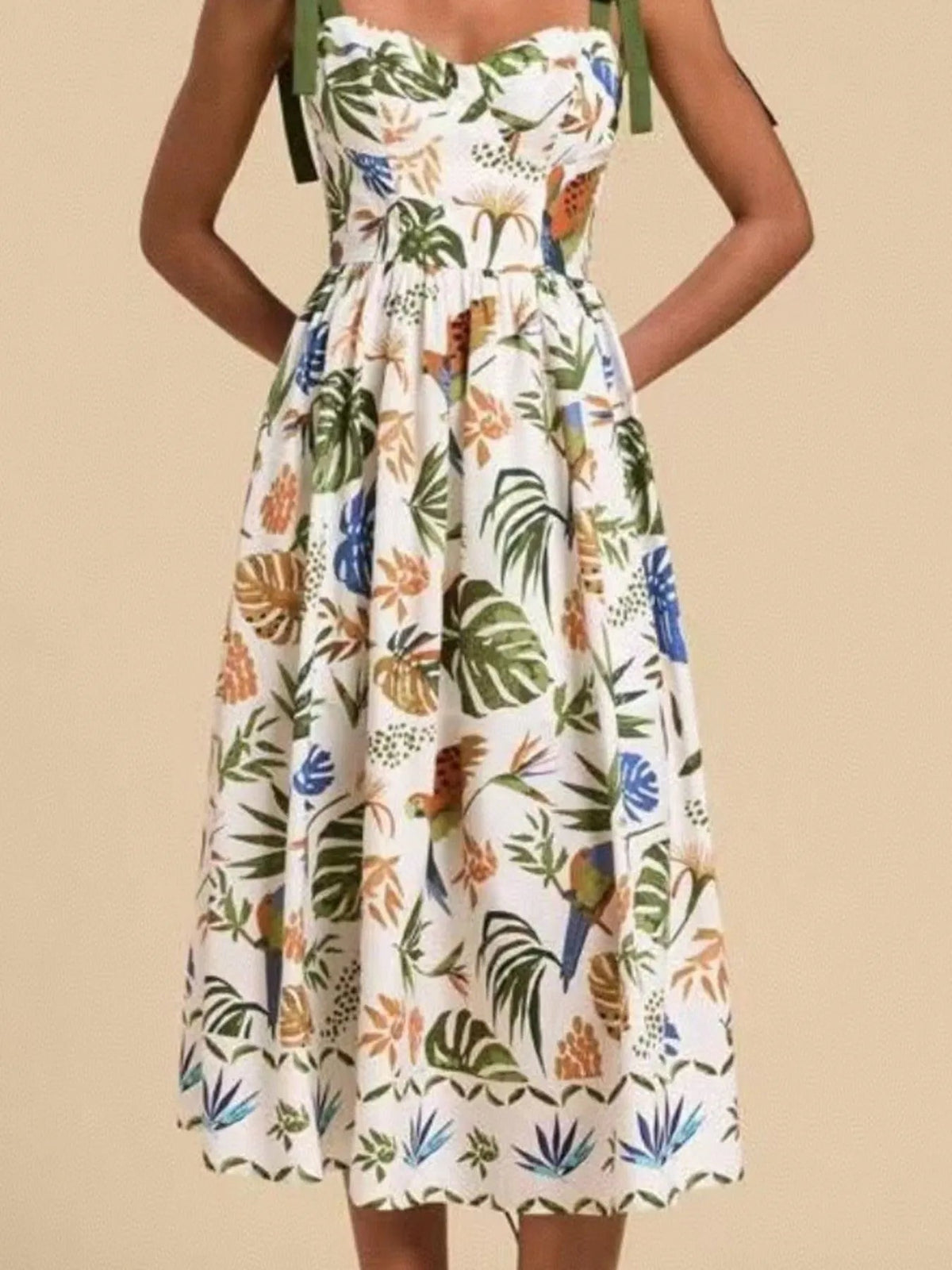 Women's Tropical Print Sweetheart Tie Strap Midi Dress