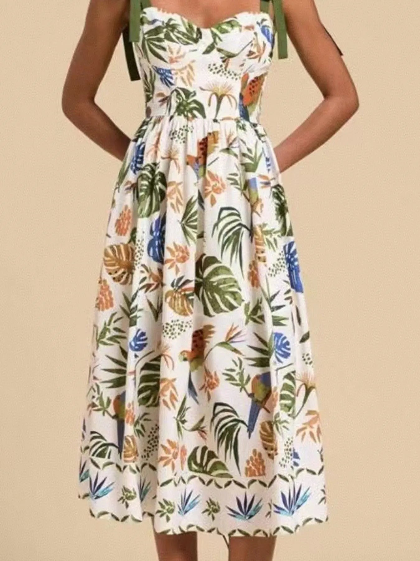 Women's Tropical Print Sweetheart Tie Strap Midi Dress