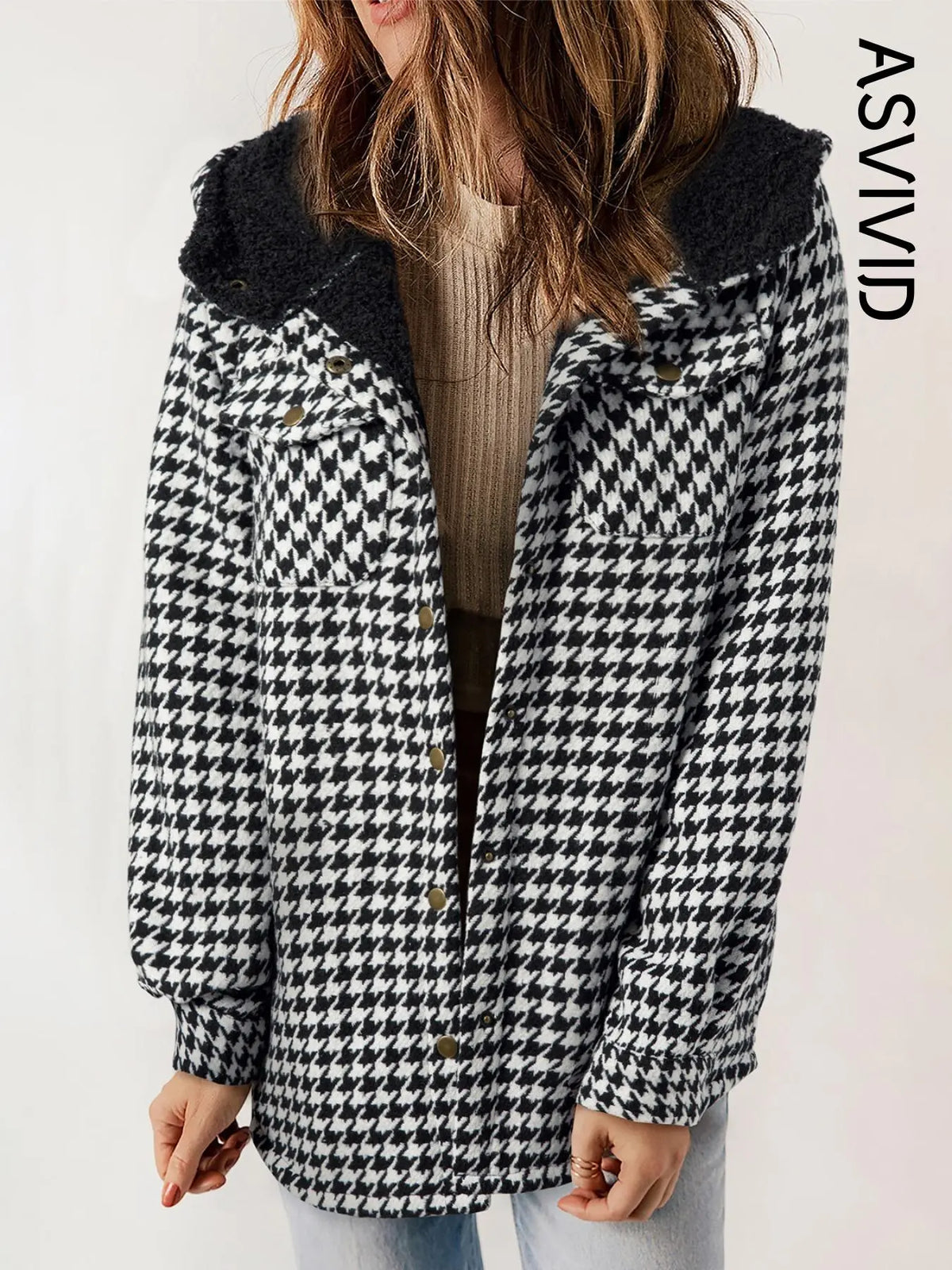 Women Plaid Hooded Casual Outerwear Long Sleeve Jacket Coat