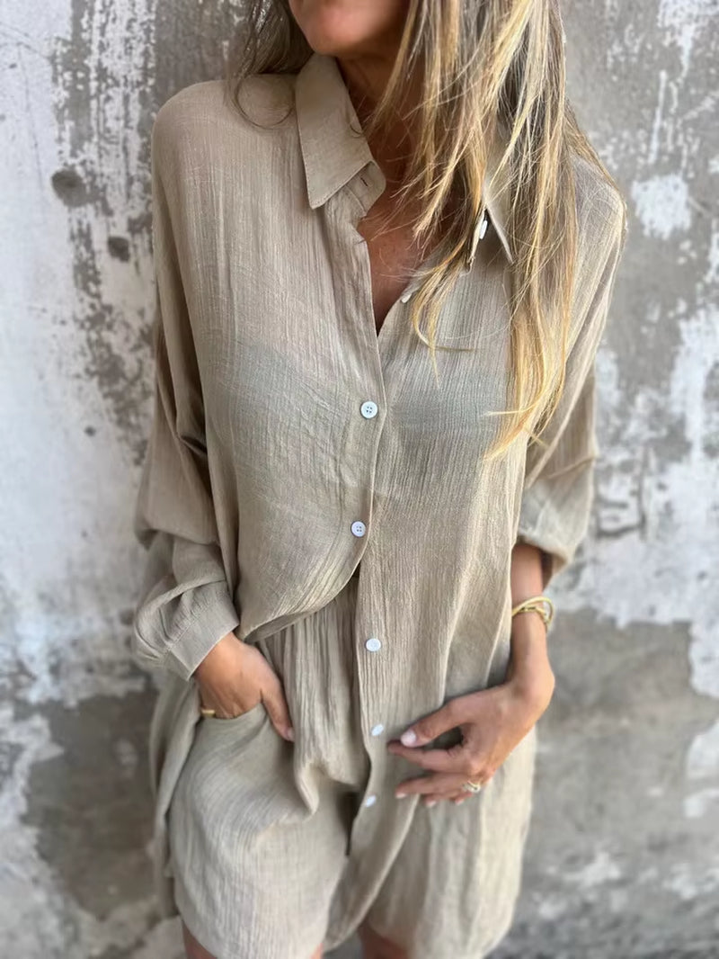 Women Cotton Linen Two Piece Short Sleeve Shirt Shorts Set