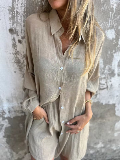 Women Cotton Linen Two Piece Short Sleeve Shirt Shorts Set