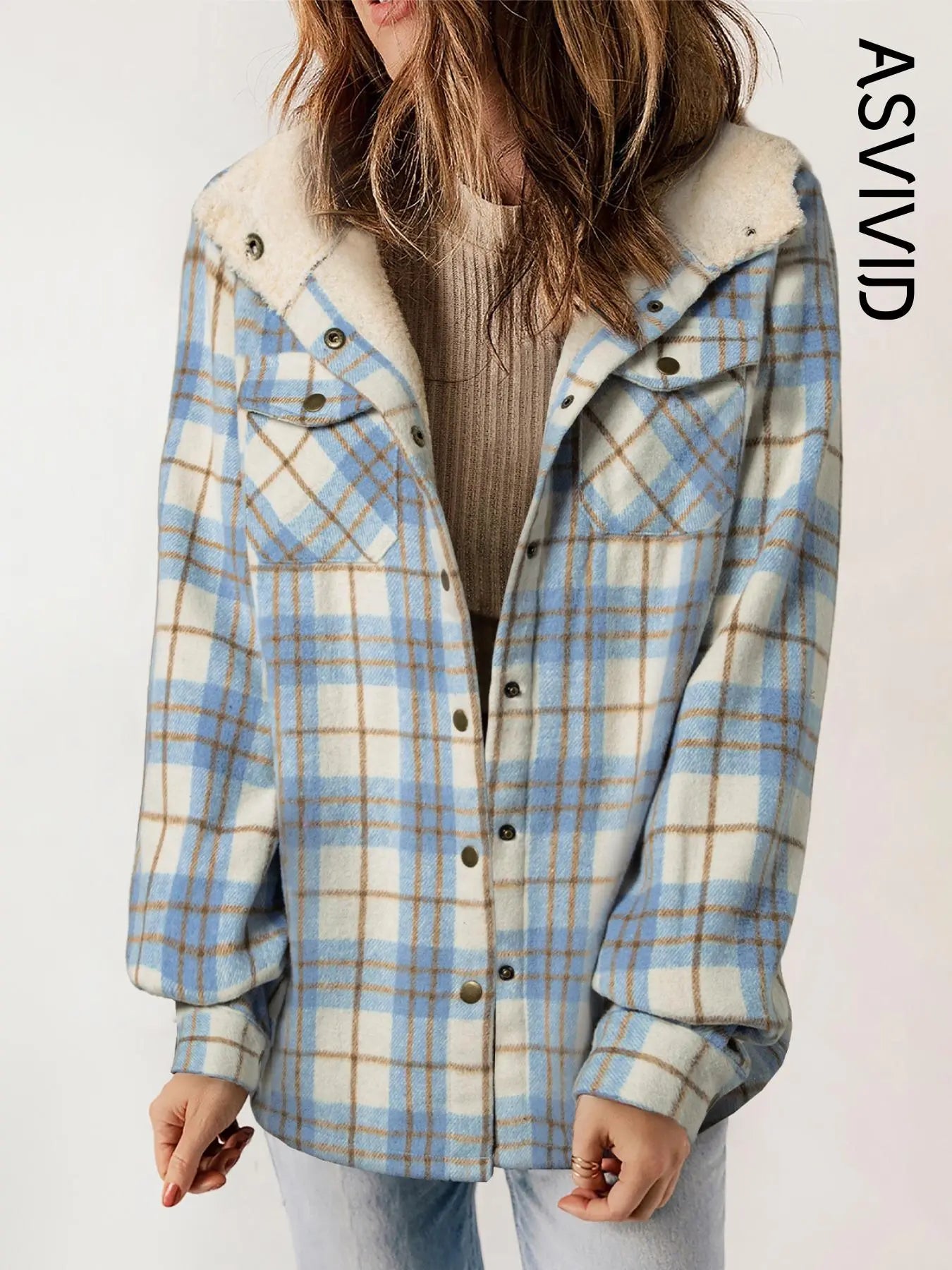 Women Plaid Hooded Casual Outerwear Long Sleeve Jacket Coat