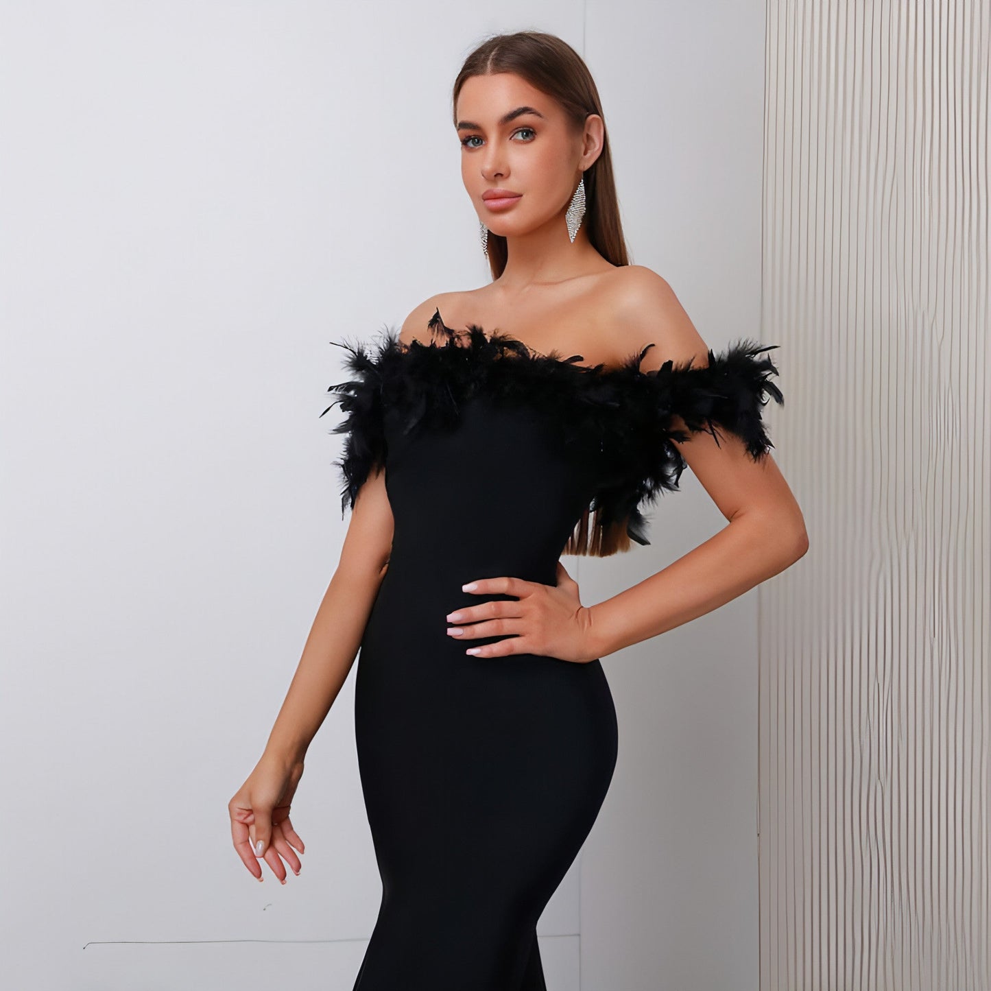 Off-Shoulder Feather Evening Dress for Women Party Wear