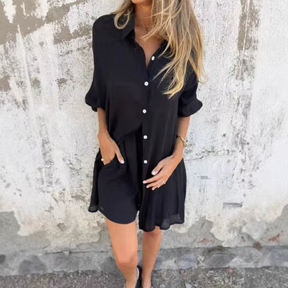 Women Cotton Linen Two Piece Short Sleeve Shirt Shorts Set